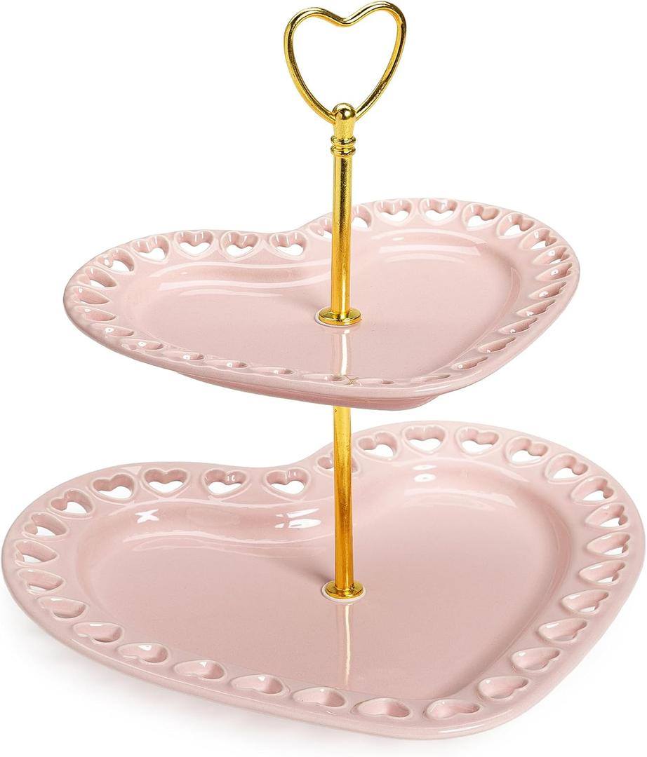 Paris Hilton 2-Tier Heart Serving Tray, Iconic Ceramic Stoneware with Metal Handle, Easy Assembly for Stylish Display, 9-Inch and 7-Inch Plates, Pink
