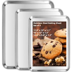 Baking Sheet Set of 3, Heavy-Duty Stainless-Steel Baking Pans, Cookie Sheets Cooking Trays for Oven, 3 Different Sizes (12/16/17.5 Inch)