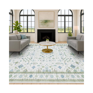 Green Area Rugs 9x12 Living Room - Washable Oriental Geometric, Extra Large for Bedroom Non Slip Soft Faux Wool Carpet for Dining Room Playroom, Lounge - Blue and Green Floral Rug