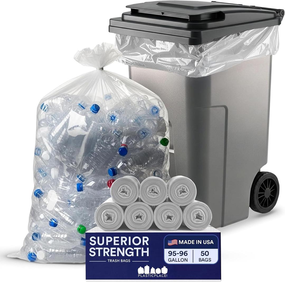 Plasticplace 95-96 Gallon Garbage Can Liners 1.5 Mil Clear Heavy Duty Trash Bags, 61 x 68”, 50 Count