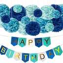 DIY Blue Birthday Decorations - Happy Bday Party Banner Sign and DIY Tissue Paper Pom-Pom Decor Kit for Kids, Teens, Boys, Girls - Under the Sea Beach Shark Whale Pool Dragon Theme Party Supplies
