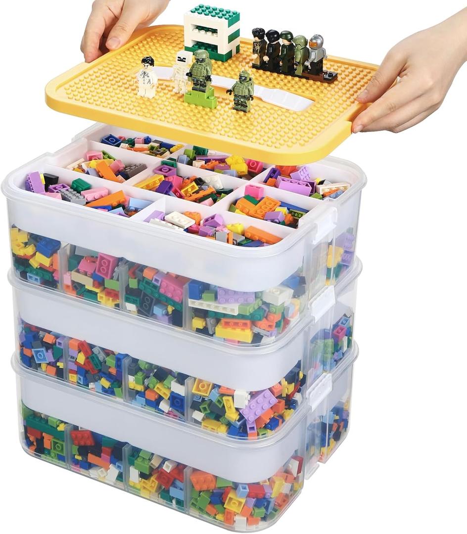 Douorgan Toy Storage Organizer for Lego Stackable Organizer Bins with Compartments Portable Containers with Lids Building Blocks Miniature Organizer Storage Box Toy Chest Case (Yellow, 3 Layers)