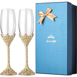 Gold Champagne Flutes - Crystal Glass Metal Base With Crystal Stones, Set of 2 Toasting Flute Pair, Wedding Anniversary Party Birthday Banquets and Gifts for Bride and Groom (Gold)