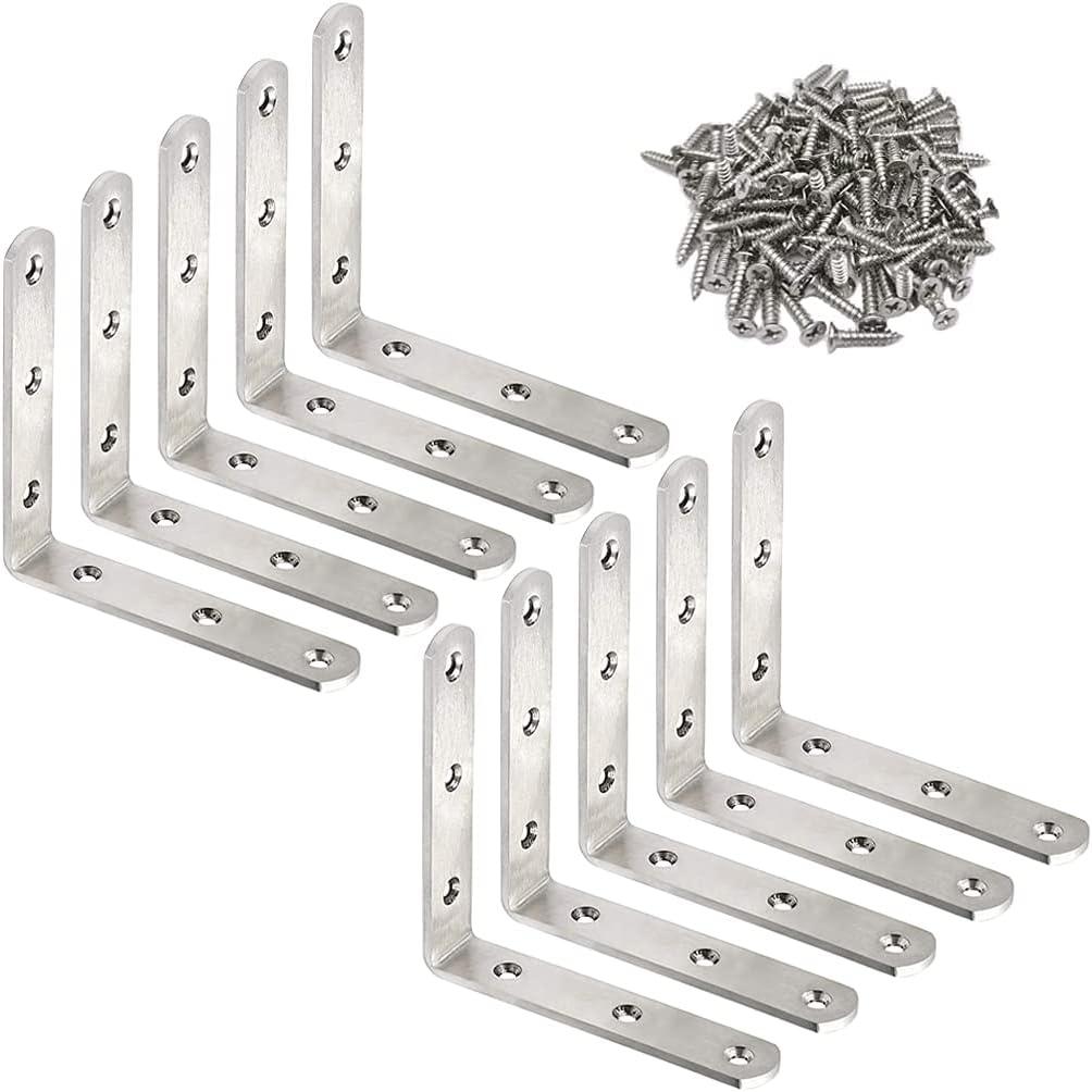 10 Pack L Bracket Corner Braces 4 Inch Stainless Steel Heavy Duty Shelf Bracket for Wood Shelves, Wall Hanging Support 90 Degree Joint Right Angle Brackets with Screws