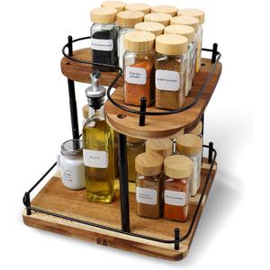 Acacia Wooden Spice Rack Organizer Lazy Susans Rotating Countertop 2 Tiered Display Shelf Kitchen Adjustable Height Spinning Spice Rack 11.8INCH Large Capacity