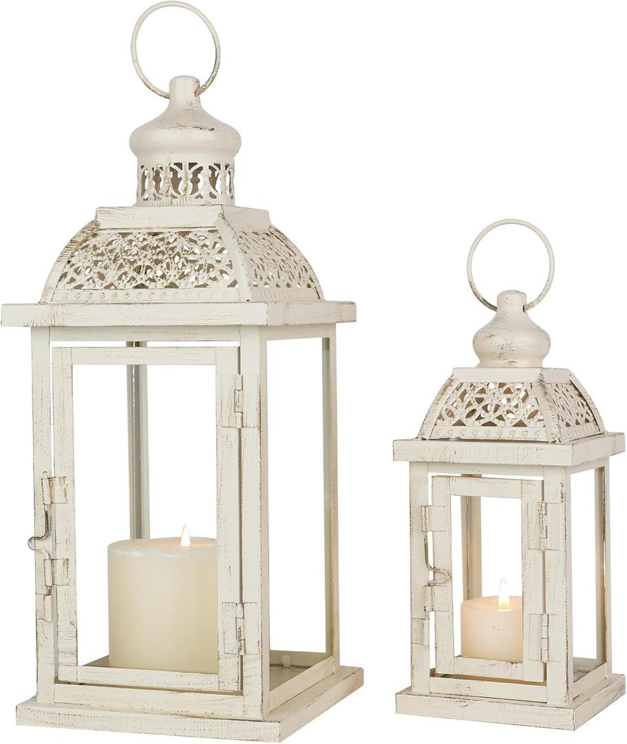 DECORKEY Large Lantern Decorative Outdoor & Indoor, Set of 2 (14&10) Metal Candle Lanterns Decor, Vintage Hanging Candle Holder for Front Porch Patio Wedding Farmhouse Home, Spring Decoration