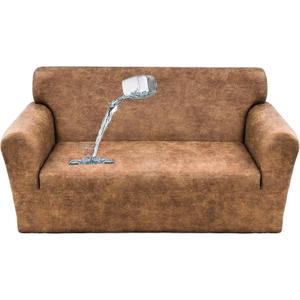 JOKIVTOU Leather Look Couch Cover 100% Waterproof 3 Seater Sofa Cover 1-Piece Leather Texture Washable Non-Slip Sofa Slipcover Stretch Furniture Protector for Kids Pets (Yellow Brown,Sofa)