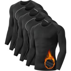 5 or 4 Pack Men's Thermal Compression Shirt Fleece Lined Long Sleeve Athletic Base Layer Cold Weather Gear Workout Top (Black, XL)