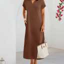 MEROKEETY Women's Summer Casual Maxi Dress 2026 Cap Sleeve V Neck Collared Beach Vacation T Shirt Long Dresses (Brown, M)