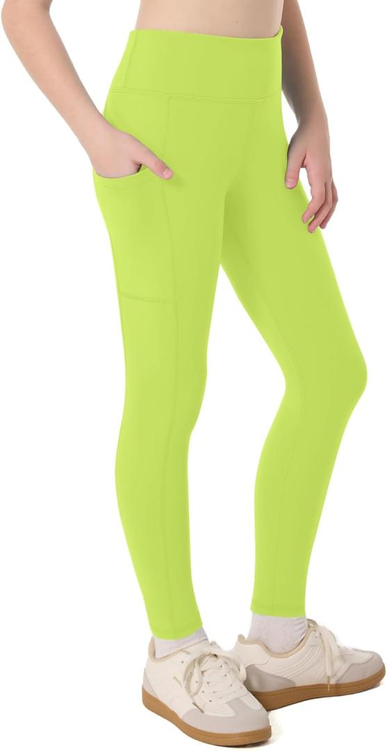 Moozava Girls Athletic Leggings with Pockets Kids High Waisted Dance Pants Yoga Workout Running Cheer Gymnastics Tights (12-13 Years, Light Green)