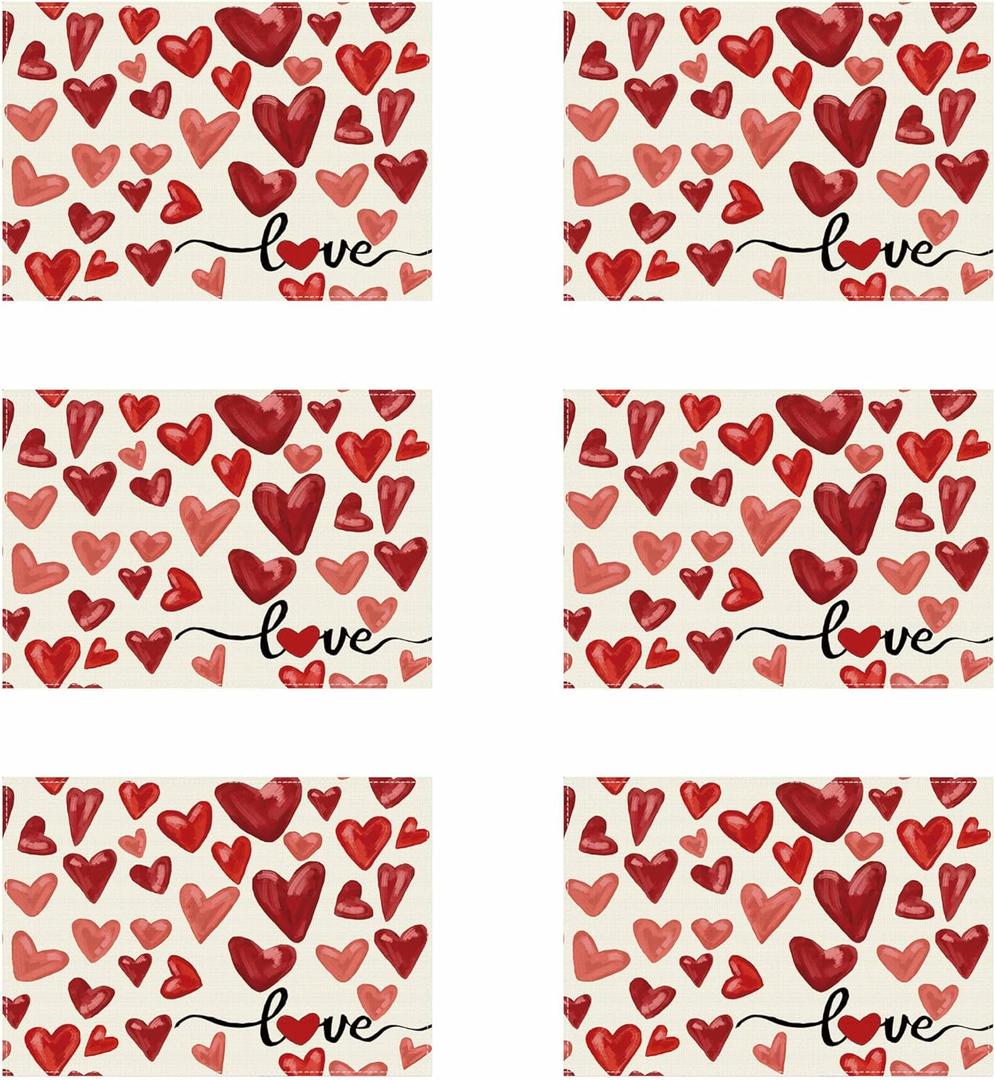 XCHI Watercolor Red Love Hearts Valentines Day Placemats Set of 6 Table Mats for Party Home Kitchen Dining Table Decorations 12x18 Inch