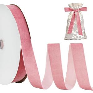 TONIFUL Pink Rose Gold Velvet Ribbon 1 Inch x 25yds, Vintage Velvet Ribbons, for Christmas Wreath Decoration Handmade Craft Ornaments Gift Wrapping & Bow Making, Valentine's Day Bouquet Packaging