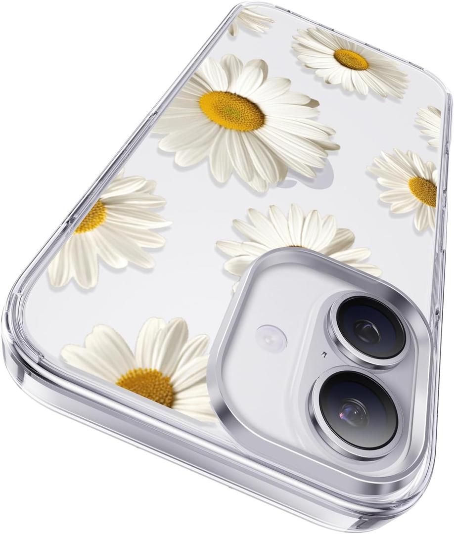 CASEKOO White Daisy for iPhone 16 Case, [Never Yellow Technology] [12FT Military-Grade Protection] Transparent Slim Floral Cover Gril Women 16 Phone Case 6.1 inch, White Daisy