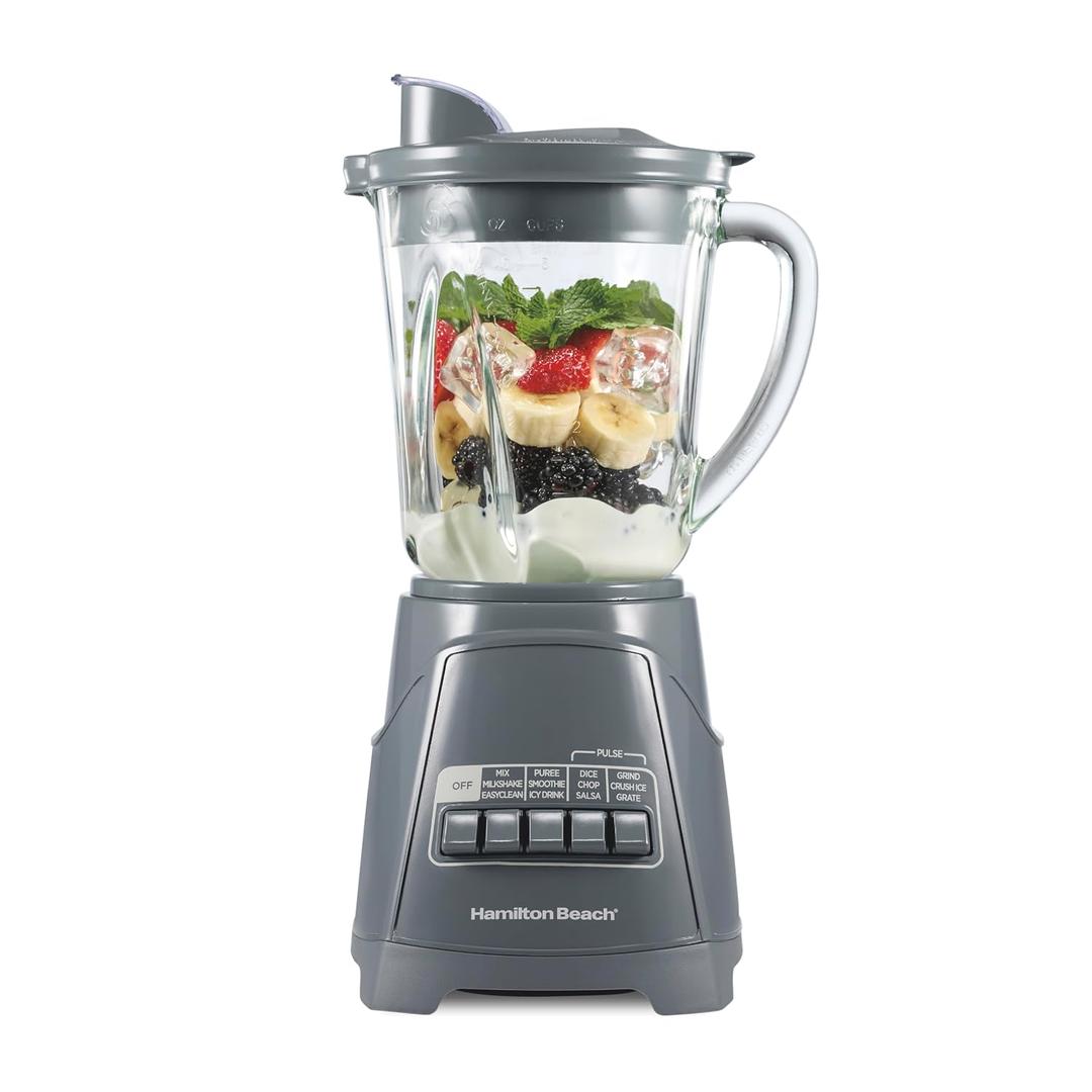 Hamilton Beach Power Elite Wave Action Blender For Smoothies, 40 Oz Glass Jar, 12 Functions Including Puree, Crush Ice, 700 Watts, Grey (58153J)