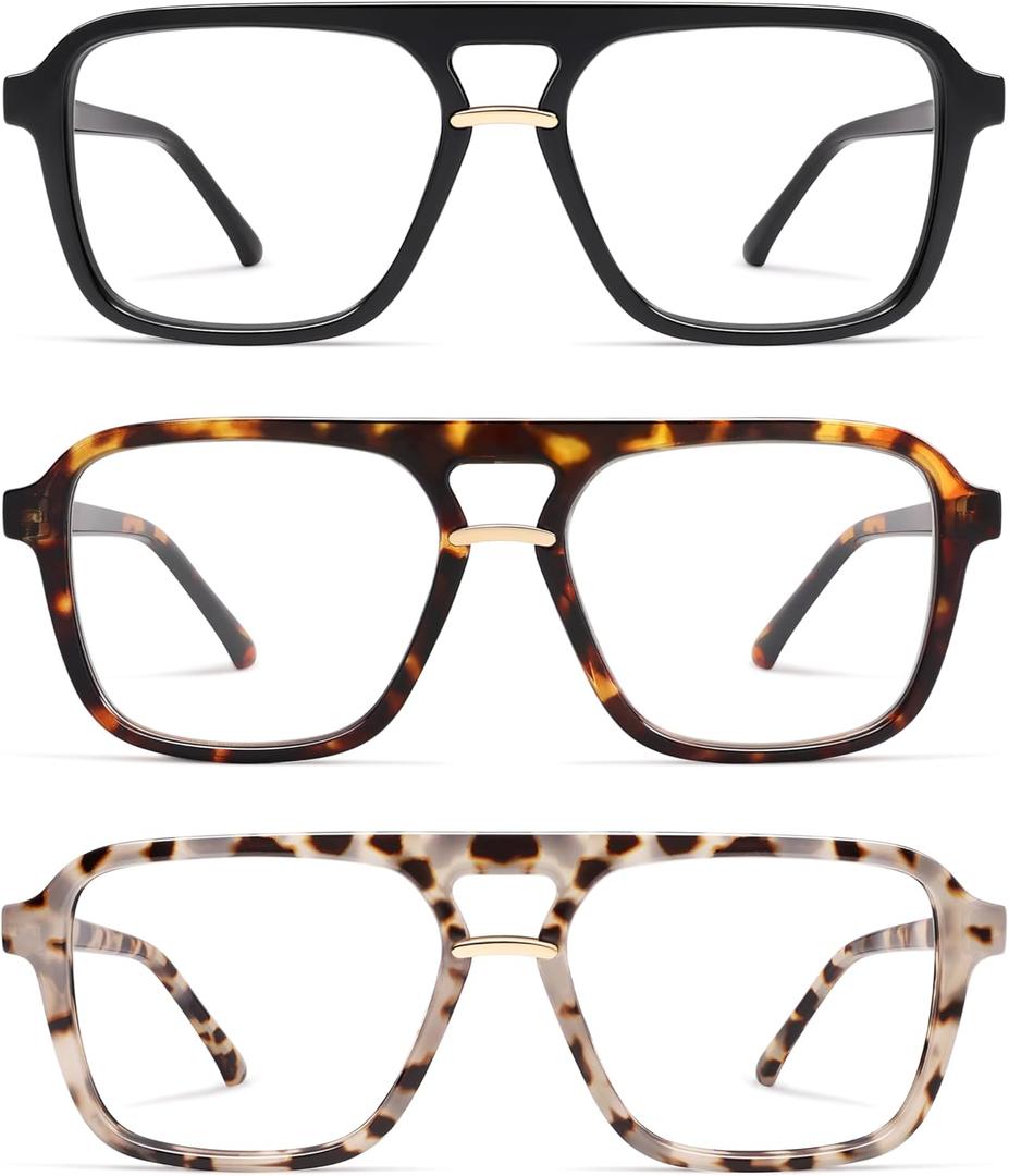 AMOMOMA 3 Pack Trendy Aviator Reading Glasses for Women Men Stylish Square Blue Light Blocking Readers AM6164 (Black+brown Tortoise+grey Tortoise)