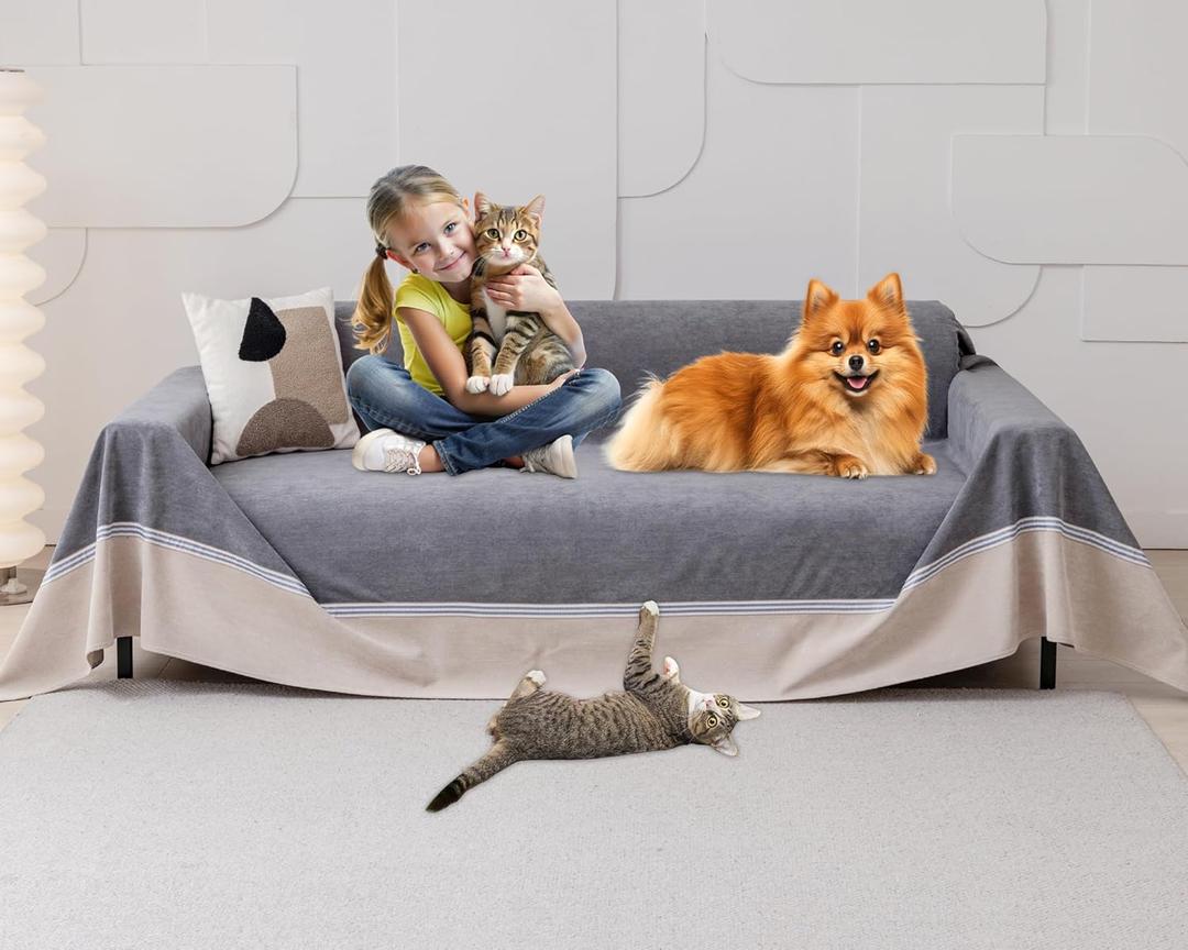 Cat Scratch Furniture Protector - Anti-Slip, Waterproof Sofa Cover to Keep Cats Off, Pet-Friendly Couch Protectors for 3 Cushion Couch, Anti-Scratch Couch Cover for Pets and Kids 150"X91", Dark Gray