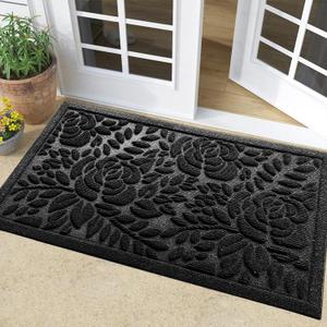 Bulijojo Front Door Mat Entrance,Durable Heavy Duty Welcome Mat,Thick Absorbent Natural Rubber Non Slip Mat,Sturdy Entryway Black Flower,23x35