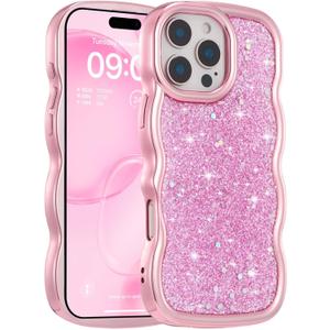 FABSPARK Case for iPhone 14 Pro Max,Crystal Diamond Rhinestone Shiny Bling Sparkly Glitter,Glossy Luxury Electroplated Curly Wavy Frame Wave Case,Aesthetic Cute for iPhone 14 Pro Max,Pink