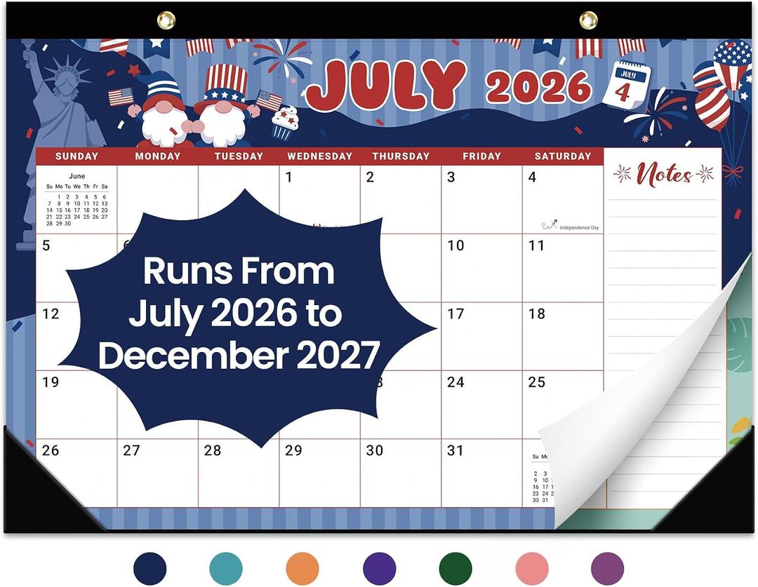Desk Calendar 2026-2027, 18-Month Calendar Runs from July 2026 to December 2027, Large 17" x 12" Monthly Desktop & Wall Calendar for Home & Office - Watercolor Festival