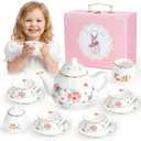 Porcelain Tea Set for Girls, Tea Party Set for Little Girls, Kids Tea Set Kitchen Pretend Play, Princess Tea Time Playset with Ceramic Teapot Cups Carry Case, Toddler Girl Toys Birthday Gifts Age 3+