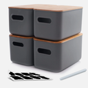 Citylife 4 Packs Plastic Storage Bins with Bamboo lids Stackable Storage Containers for Organizing, Bundled with Labels and Marker 10.24 x 7.01 x 6.1 inch (4 PCS- Medium, Grey)