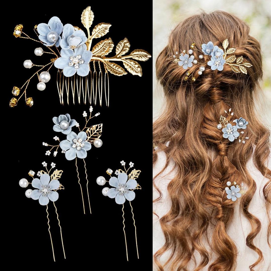 4 Pieces Wedding Flower Hair Pins Pearl Rhinestone Bridal Vintage Hair Forks Wedding Hair Accessories Headpiece Hair Clips for Brides Bridesmaids Women and Girls (Blue)