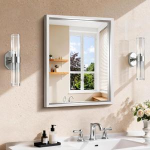 CIRCUMI 18"x24" Brushed Silver Bathroom Mirror, Rectangular Vanity Mirror