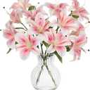 Hollyone 6 Heads Pink Artifical Lily Flowers 2Pcs Easter Lily Artificial Flowers Faux Stargazer Lilies Flower Arrangement Bouquets Fake Lilies Stem for Indoor Home Decor Table Office Party Decoration