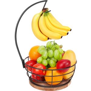 Livabber Countertop Fruit Basket Bowl with Banana Hanger, Modern Standing Fruit Vegetable Bowl Storage, with Banana Tree Holder for Kitchen Dinning Table (Round Wood, Black)