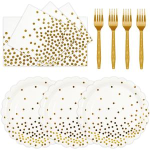 3 x 75PCS White and Gold Paper Plates Napkins Party Supplies, 7Inch Scalloped Gold Dot Paper Dessert Plates and Napkins Set Disposable Birthday Cake PlateTableware for Wedding Valentines Galentines Day