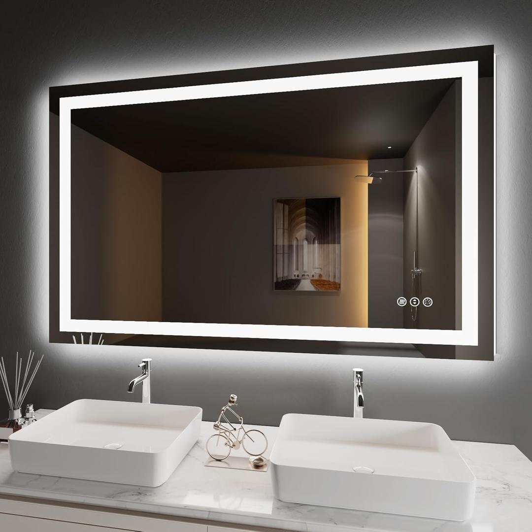 Amorho LED Bathroom Mirror 48" X36" with Front and Backlight, Stepless Dimmable Wall Mirrors with Anti-Fog, Shatter-Proof, Memory, 3 Colors, Double LED Vanity Mirror