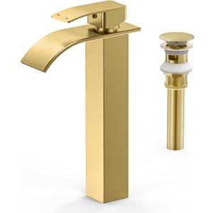 RUACQ Vessel Sink Faucet,Tall Waterfall Bathroom Faucets for 1 or 3 Hole,Single Handle with 304 Stainless Steel Lavatory Vanity Faucet with Deck,Pop-up Drain and Supply Hoses (Gold)