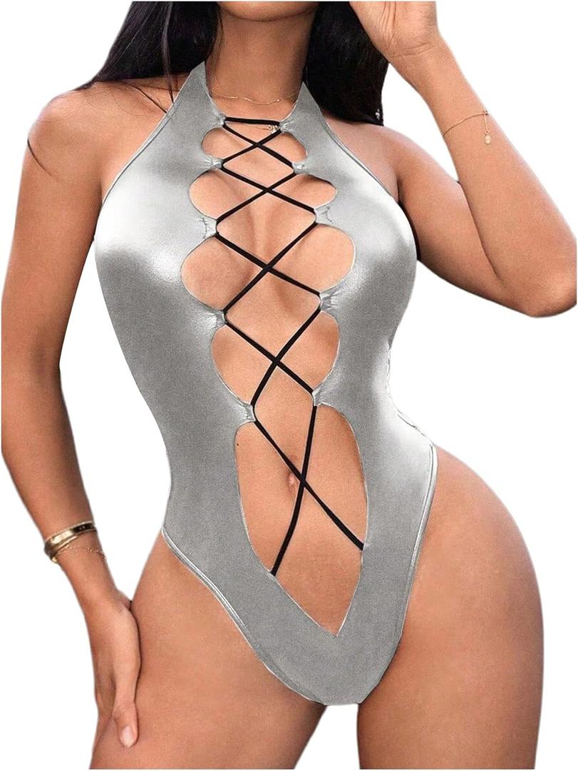 OYOANGLE Women's PU Leather Criss Cross Lingerie Halter Bodysuit Cut Out Backless Rave Body Suits, M