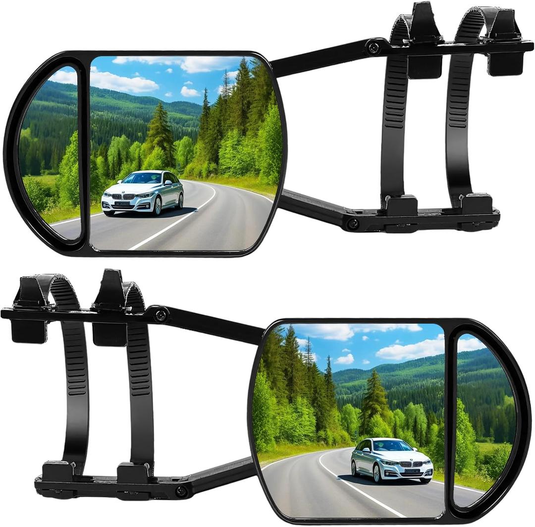 Extend Car Towing Mirror with 360 Degrees Rotation, Anti-Slip Clamp On Tow Mirrors Extensions for Auto RV Adjustable Driving, 2 Pieces