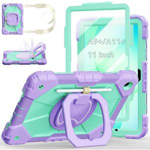 Case for Samsung Galaxy Tab A11+/A9+ Plus 11 Inch 2026/2024, Auorld Rugged Case for Samsung Galaxy A9+/A11+ Tablet with Screen Protector 360 Rotating Stand Shoulder Strap Pen Holder, Purple Mint