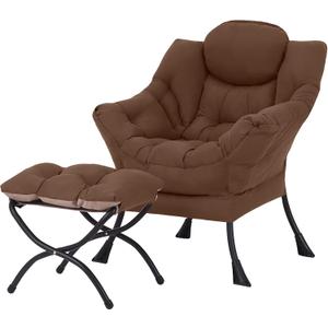 Welnow Lazy Chair with Ottoman, Modern Lounge Accent Armchair with Armrests and a Side Pocket, Leisure Sofa Armchair Set, Reading Chair with Footrest for Small Space, Dark Brown