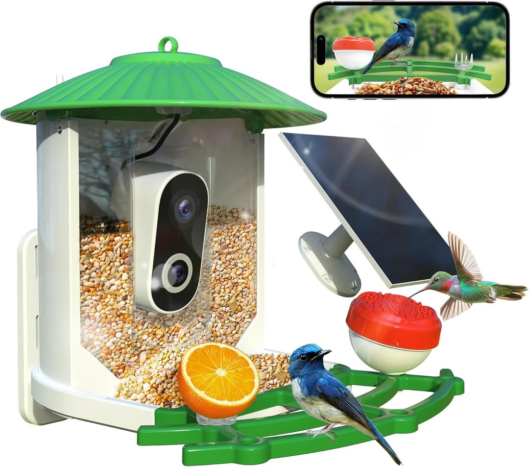 Smart Bird Feeder with Camera, 2K Live View AI Identify Birds Species with Solar Panel, Outdoors Birdhouse with Camera, Instant Arrival Alerts, Gifts for Bird Lovers