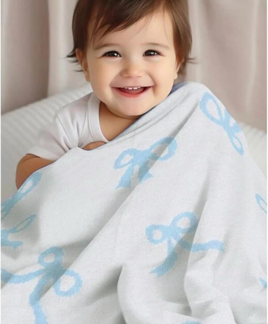 Bow Blanket Blue Bows Soft Throw Blanket Reversible Premium Cozy Fabric for Best Comfort - for Infant,Toddler,Newborn,Nursery,Girl,Throw,Crib,Stroller,Gift (Blue Bows, 30x40 in)