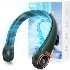 Portable Neck Fan with 6000mAh USB - Rechargeable Battery, Ultra-Light Bladeless Neck Fan LED Display, 360 Cooling Wearable Fan, 3 Speeds (Green)