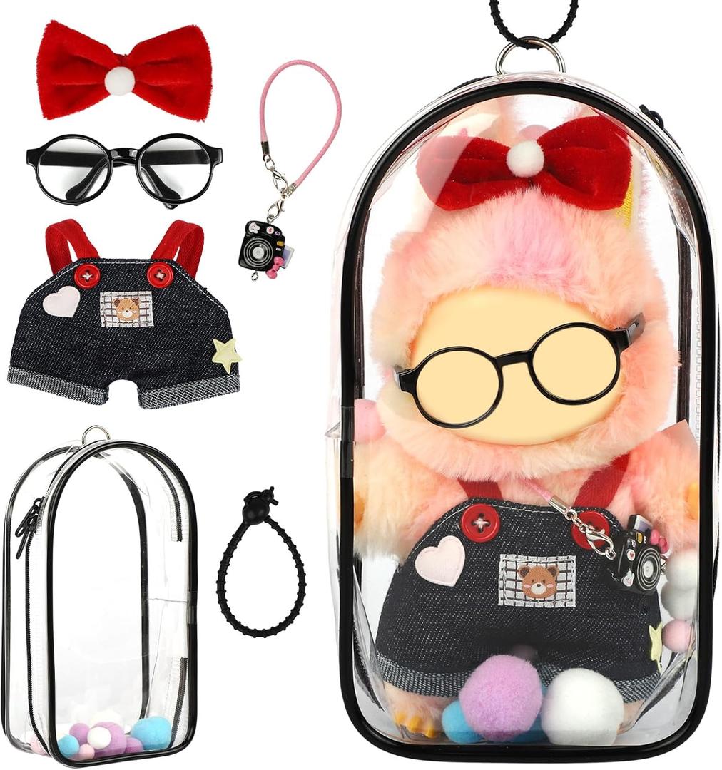 2 x 5-Piece Set of 15-17 cm Doll Clothing - Suitable for Girls, Including Black-Framed Glasses, Small Camera, Bow, and Transparent Doll Display Bag (No Doll) (Cowboy)