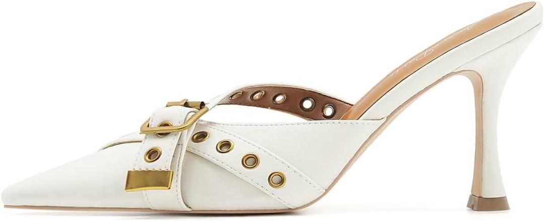 Leather Buckle Strap Kitten Heel Mules Pointed Toe Vintage Heeled Slide Sandals Studs Stiletto Mid Heel Pumps (7, Beige)