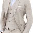 Furuyal Linen Suit 3 Pieces Vintage Retro Wedding Prom Suits Slim Fit Jacket Blazer Groom Tuxedos Beige-XXL