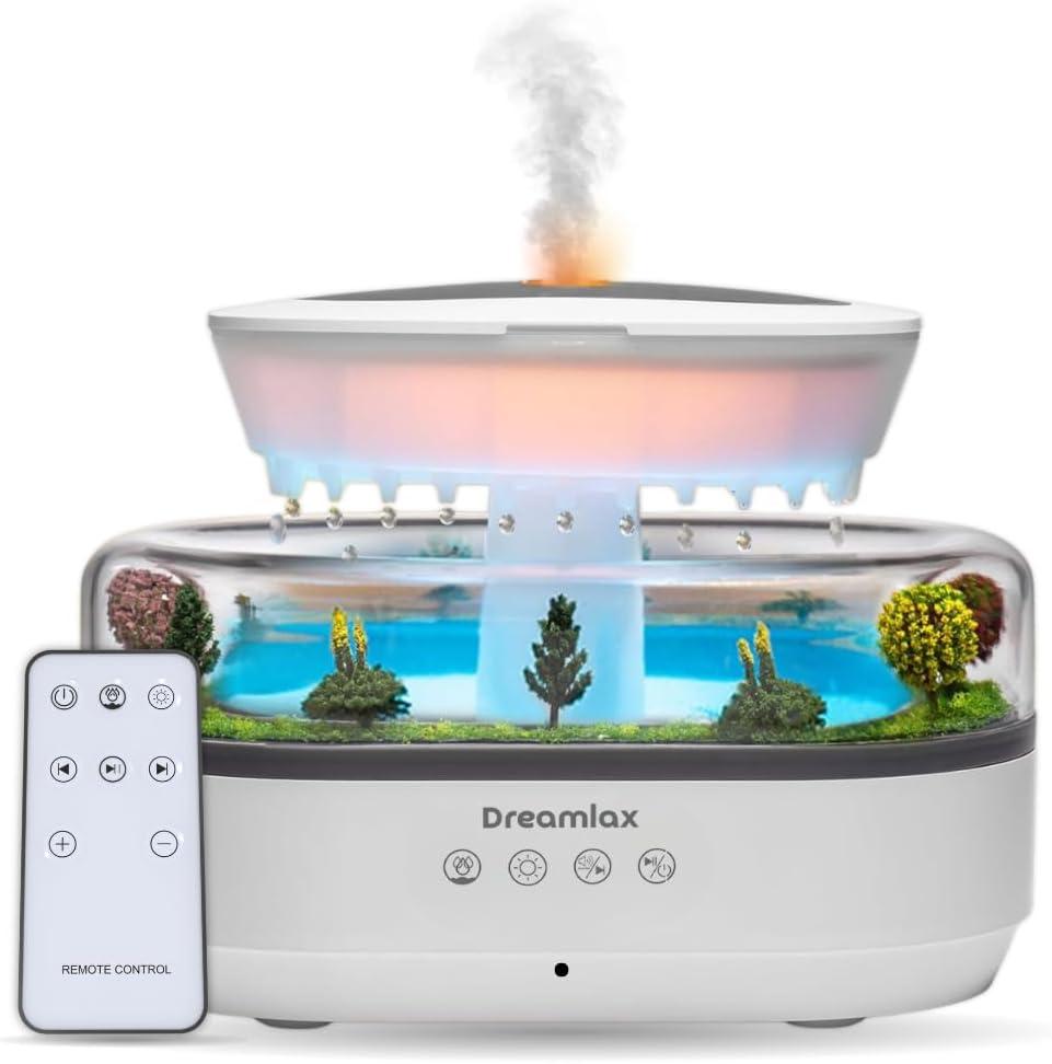 Dreamlax Rain Humidifiers for Bedroom  Cool Mist Essential Oil Diffuser, White Noise Machine with 10 Nature Sounds, 7 LED Lights, Remote Control & Decorative Raindrop Lamp