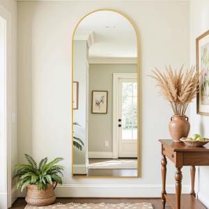 Full Length Mirror, 58"x21" Oversized Floor Mirror Freestanding, Full Body Mirror Floor Standing Mirrors with Stand, Hanging Mounted Mirrors for Bedroom Living Room, Gold, Arched Style