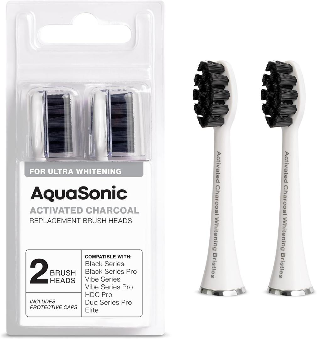 AquaSonic Genuine 2-Pack Activated Charcoal Brush Heads - Ultra Whitening Brush Heads - 2X Whitening & Stain Remover - for Black Series, Black Series Pro, Vibe Series, Duo Pro Series (White)