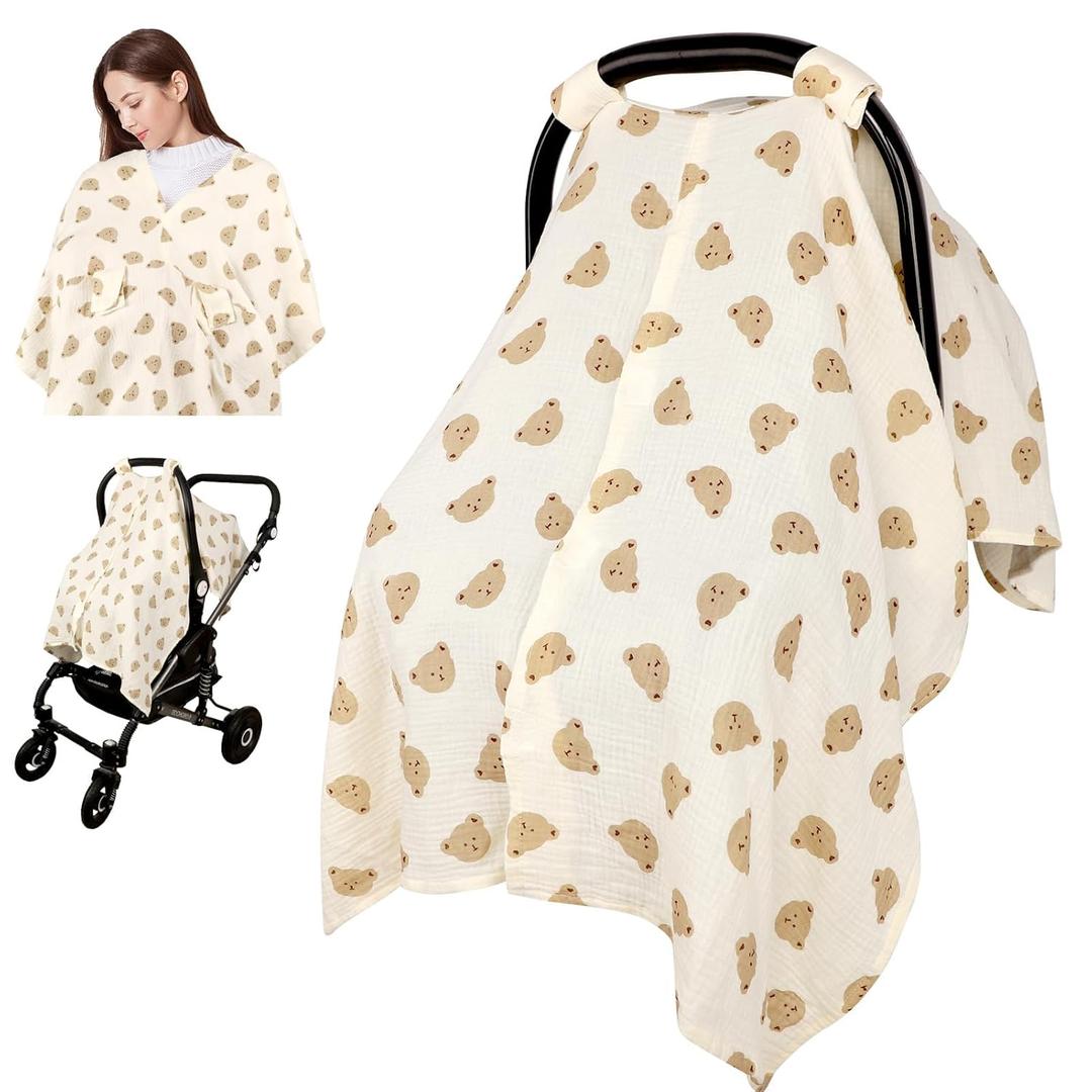 Car Seat Cover Baby Girls Boys, Summer Cotton Baby Car Seat Cover for Carseat, Comfortable Muslin Nursing Cover, Soft Baby Blanket, Breathable Lightweight Infant Stroller Canopy, Cute Bear