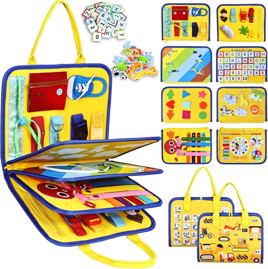 Esjay Toddler Busy Board Montessori Toys for Boys Girls, Sensory Book Educational Activities for Learning Fine Motor Skills, Birthday Gifts for Toddlers, Travel Toys for Airplane Car, Yellow Truck