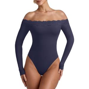 REORIA Womens Sexy Off the Shoulder Long Sleeve Bodysuit Lace Going Out Top