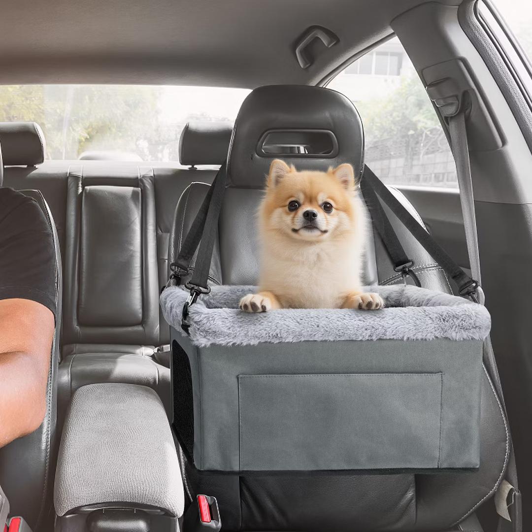 JOEJOY Deluxe Dog Booster Seat with Sturdy Metal Frame and Safety Leash for Small Pets up to 20 lbs  Portable Puppy Dog Car Seat with Thick Cushion and Storage Pockets for Small Dogs