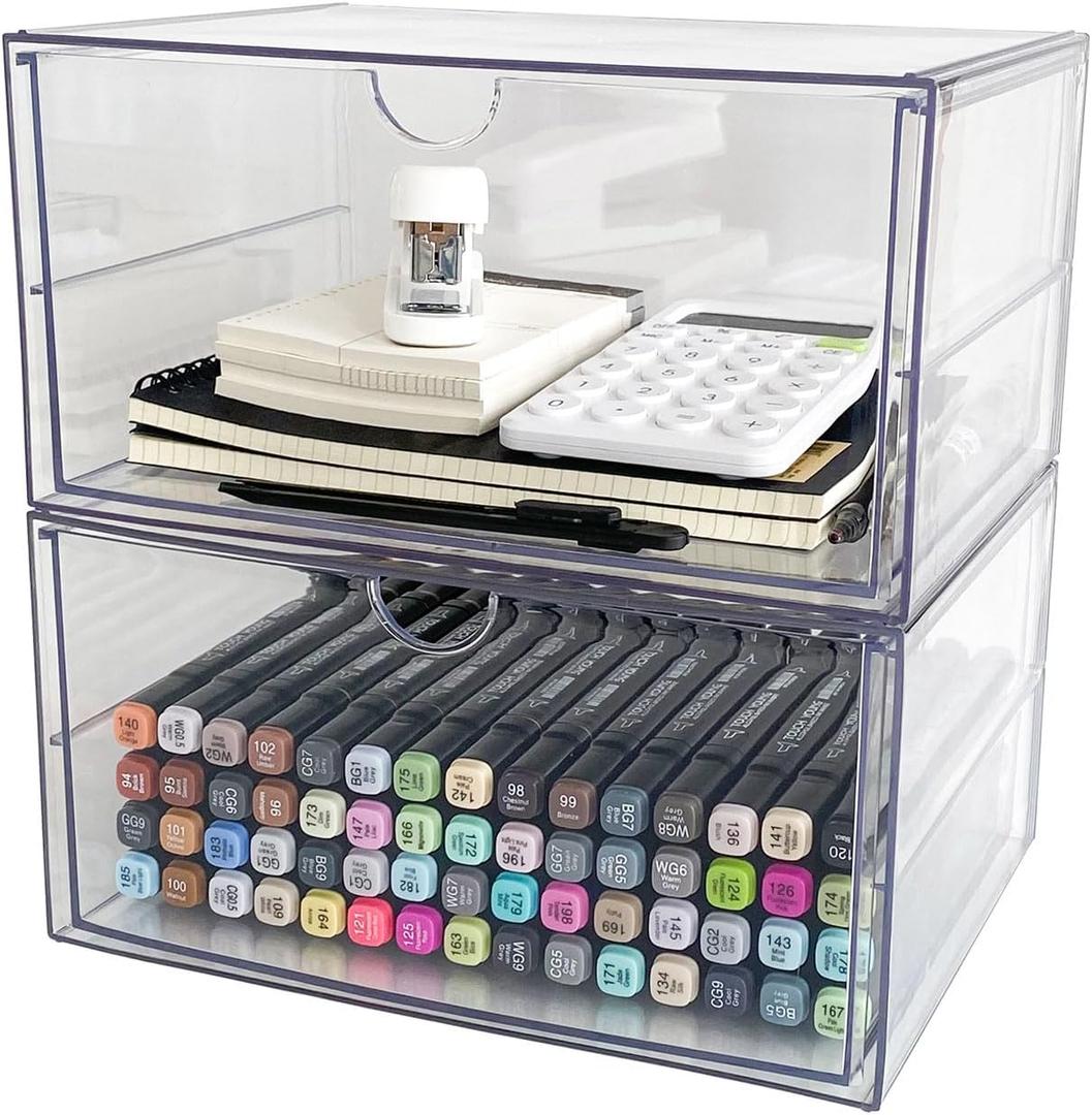 Clear Desk Organizers and Accessories, 2 Pack Plastic Drawer Organizer for Office Supplies, Marker Pen, Art Crafts, Stationery, Coffee Pods, Stackable Home Storage (2 Drawers)